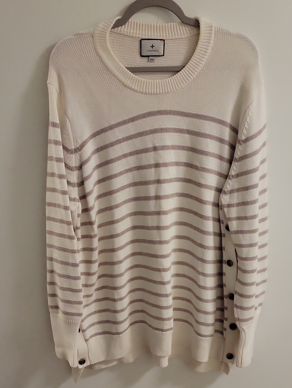 Tuckernuck Cream Sweater with Taupe Stripes and Side Buttons XXXL